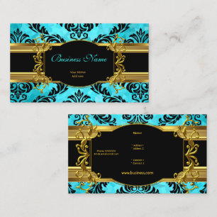 Elegant Aquamarin Blue Gold Damask Floral Visitenkarte