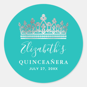 Elegant Aquamarin Blue Silver Crown Quinceanera Na Runder Aufkleber