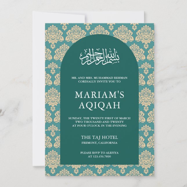Elegant Aquamarin Damask Arabian Arch Aqiqah Einladung (Vorderseite)