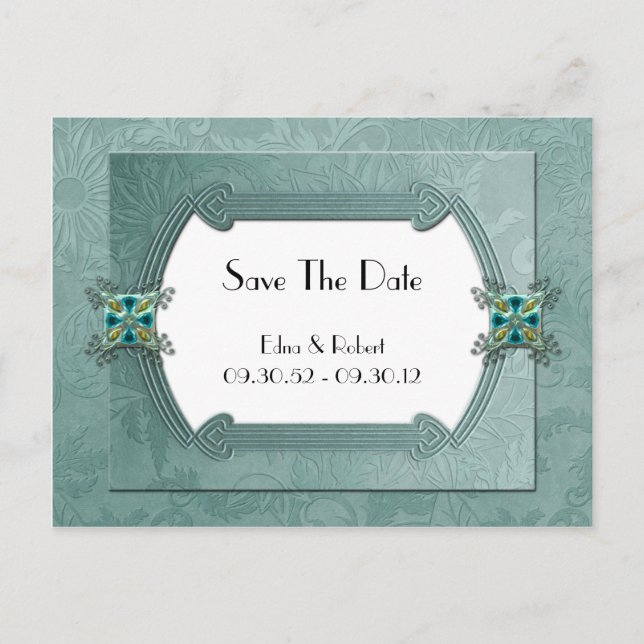 Elegant Aquamarin Damask Jubiläum Save the Date Ankündigungspostkarte (Vorderseite)