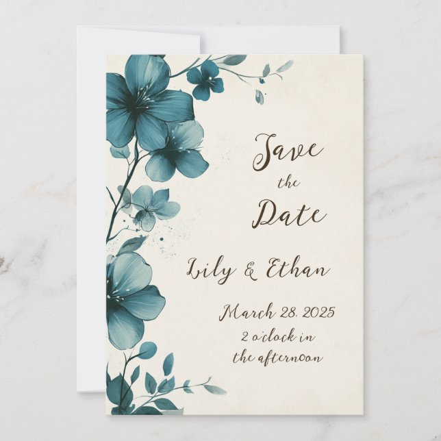 Elegant Aquamarin floral Save the Date Einladung (Vorderseite)