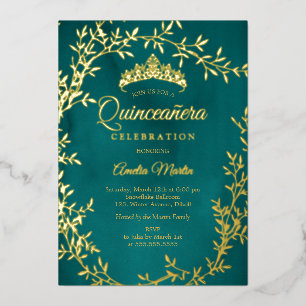 Elegant Aquamarin Gold Leaf Wreath Quinceanera Folieneinladung