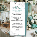 Elegant Aquamarin mit Silver Wirbel auf White Wedd Menükarte<br><div class="desc">Dieses schöne Menü wird Ihrem Hochzeitsempfang etwas mehr Stil verleihen. Es zeichnet sich durch ein wunderschönes Design aus, mit verzierten silbergrauen Imitaten und Wirbel auf einem klassischen, weißen Hintergrund, aquamarin oder türkisfarbenem Text und einem marmorierten Rücken. Es gibt Platz für die Namen des Paares und das Hochzeitstag, und der Text...</div>