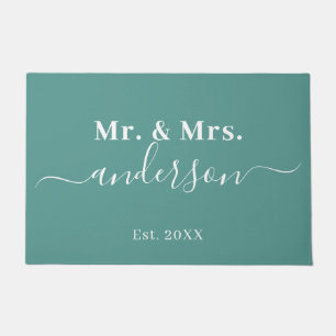 Elegant Aquamarin Mr. and Mrs. Name Script Wedding Fußmatte