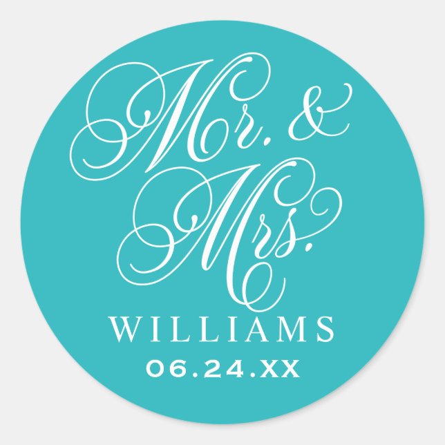 Elegant Aquamarin Mr. and Mrs. Script Custom Monog Runder Aufkleber (Vorderseite)
