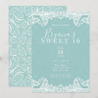 Elegant Aquamarin Türkis White Lace Sweet 16 Party Einladung