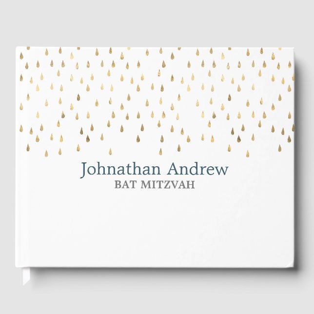 Elegant Aquamarin und Gold Raindrops Bar Mitzvah Gästebuch (Vorderseite)