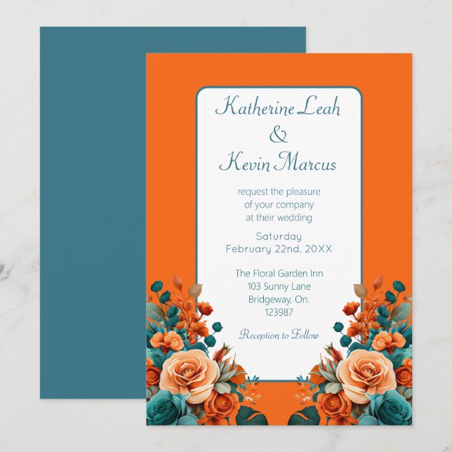 Elegant Aquamarin und orange floral Einladung (Vorne/Hinten)