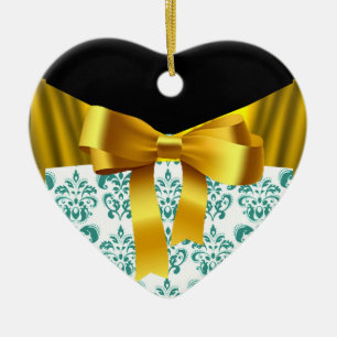 ELEGANT AQUAMARIN WEISSER DAMASK GOLD RIBBON MONOG KERAMIK ORNAMENT