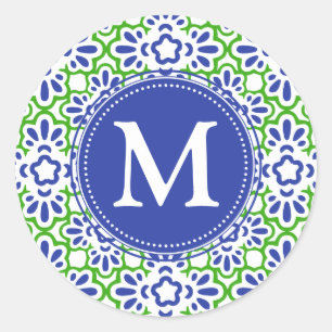Elegant Arabesque Damask Blue & Green Personalisie Runder Aufkleber