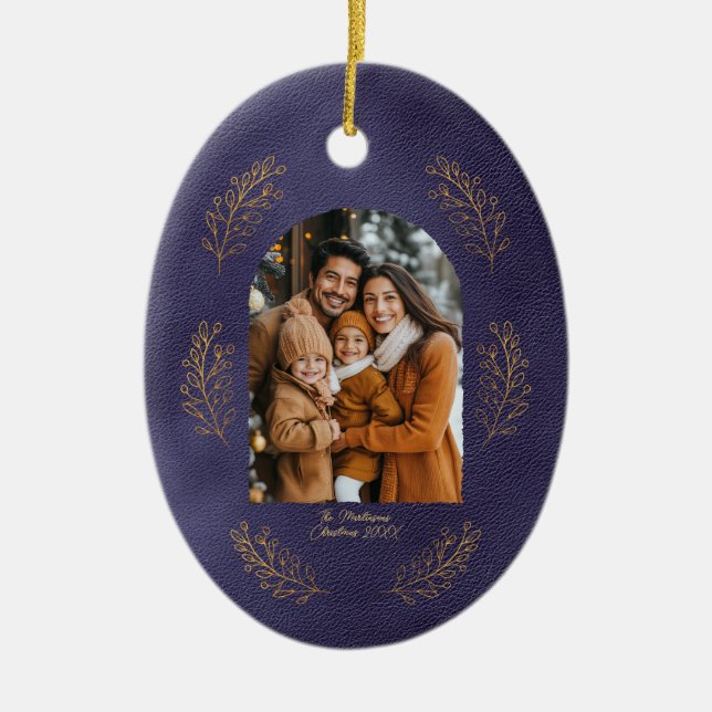 Elegant Arch Family Photo Leaves Blue Christmas Keramik Ornament (Vorne)