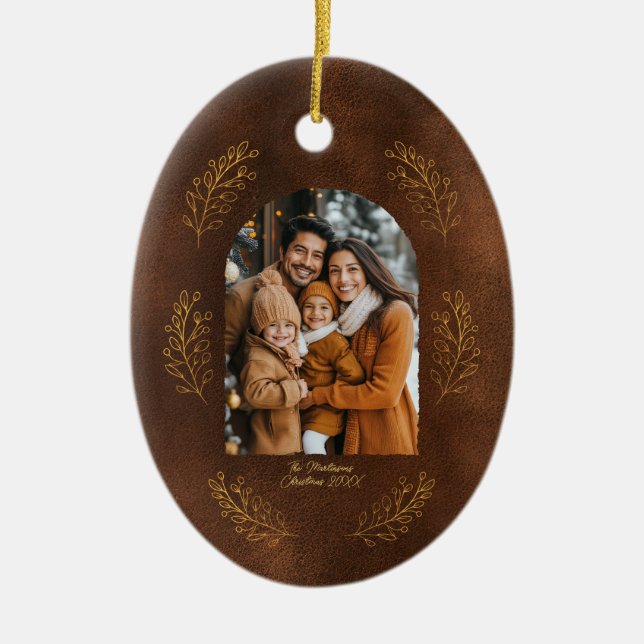 Elegant Arch Family Photo Leaves Brown Christmas Keramik Ornament (Vorne)
