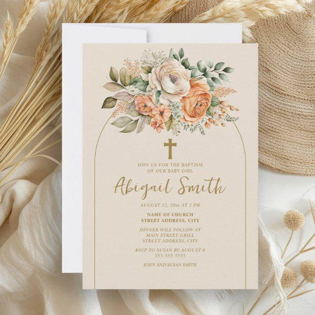 Elegant Arch Peach Floral Baby Girl Taufe Einladung (Peach and cream watercolor floral baby baptism invitation)