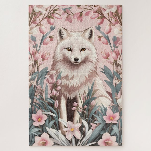 Elegant Arctic Fox Pink Floral Puzzle (Vertikal)