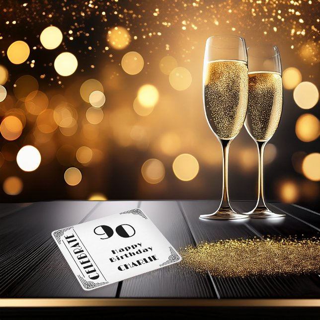 Elegant Art Deco Black & White 90th Birthday Party Rechteckiger Pappuntersetzer (Elegant Art Deco 90th Birthday Party Black and White Paper Party Coasters)