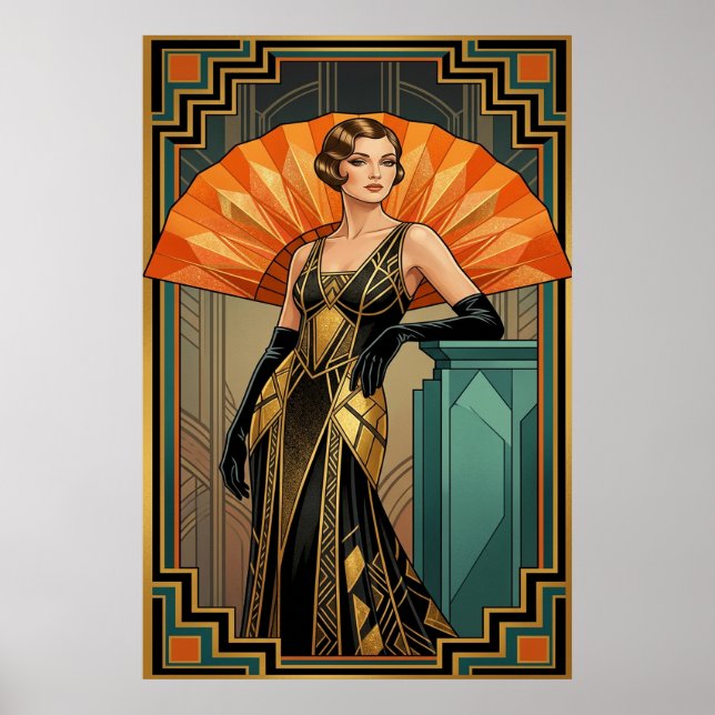 Elegant Art Deco Gatsby Woman Portrait Gold Poster (Vorne)