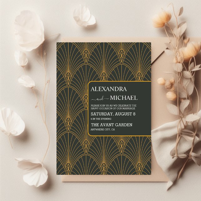 Elegant Art Deco Gold Green Wedding Einladung (Von Creator hochgeladen)