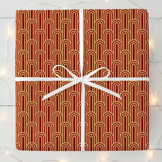 Elegant Art Deco Pattern Arches Red Gold Chic Geschenkpapier (Von Creator hochgeladen)