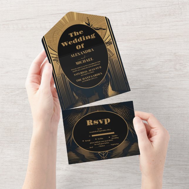 Elegant Art Deco Peacocks Wedding All In One Einladung (Abreißen)