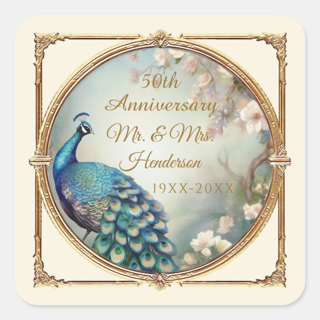 Elegant Art Deco Pfau 50 Jahre Jubiläum Florenz Quadratischer Aufkleber (Vorderseite)