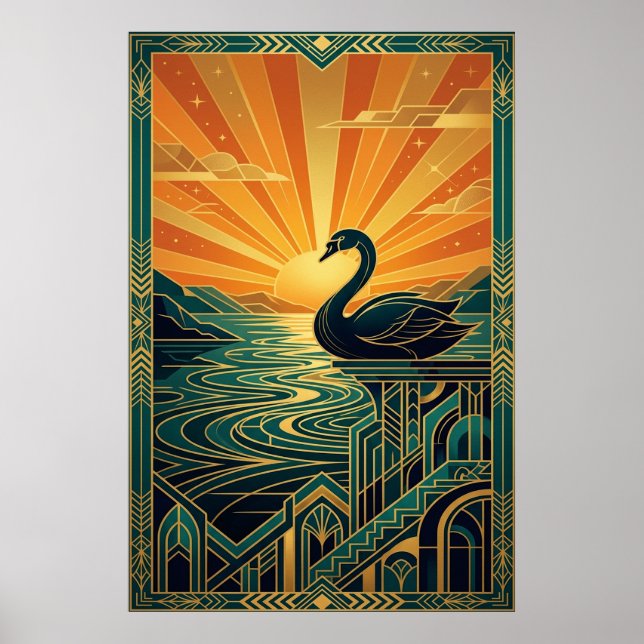 Elegant Art Deco Swan Sunset Lake Poster (Vorne)