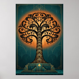 Elegant Art Deco Tree Silhouette Gold & Teal Poste Poster
