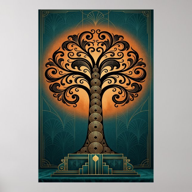 Elegant Art Deco Tree Silhouette Gold & Teal Poste Poster (Vorne)