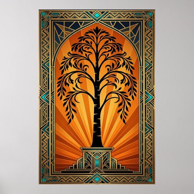 Elegant Art Deco Willow Tree Sunset Gold Poster (Vorne)