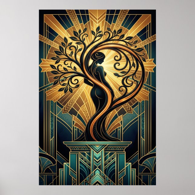 Elegant Art Deco Woman Tree Silhouette Black Gold  Poster (Vorne)