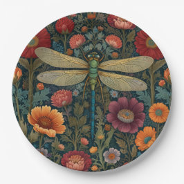 Elegant art nouveau Autumn floral Dragonfly Pappteller