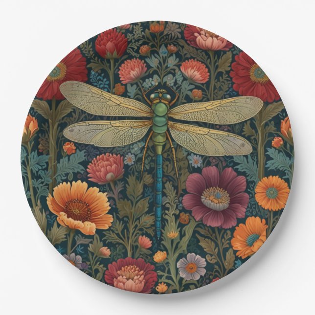 Elegant art nouveau Autumn floral Dragonfly Pappteller (Vorderseite)