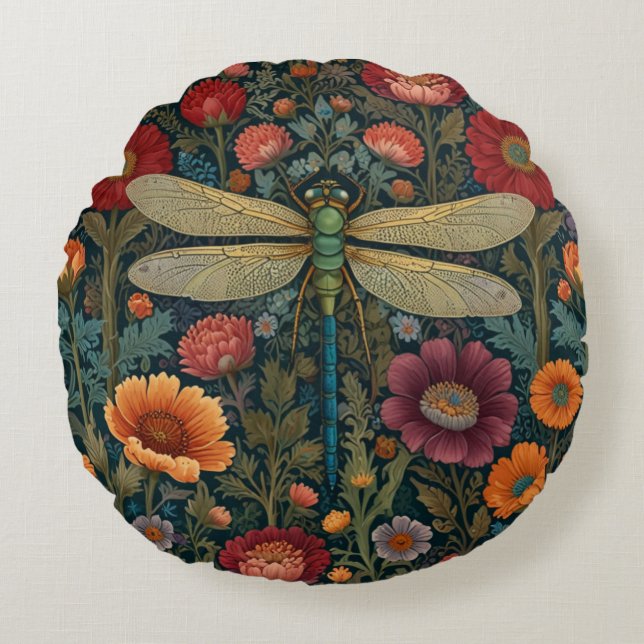Elegant art nouveau Autumn floral Dragonfly Rundes Kissen (Vorderseite)
