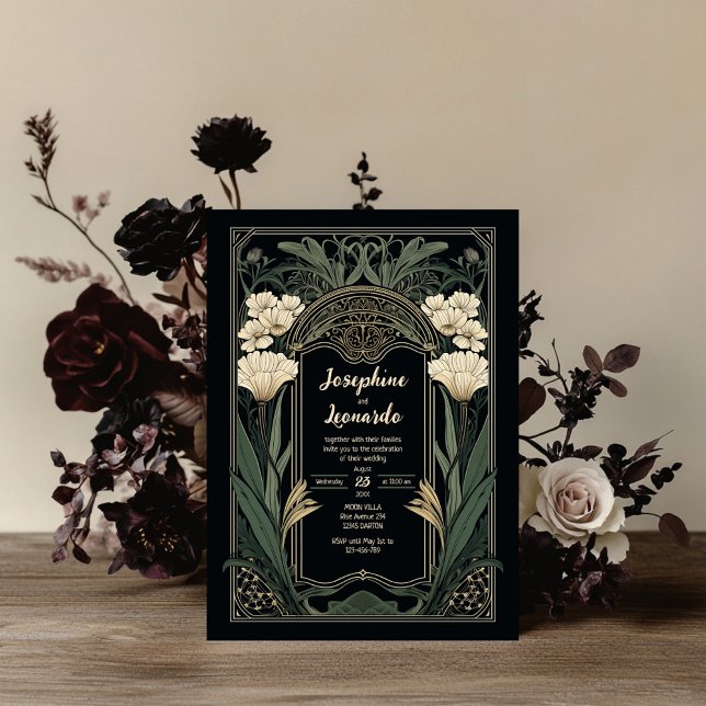 Elegant Art Nouveau Dark Floral Wedding Invitation Einladung (Von Creator hochgeladen)
