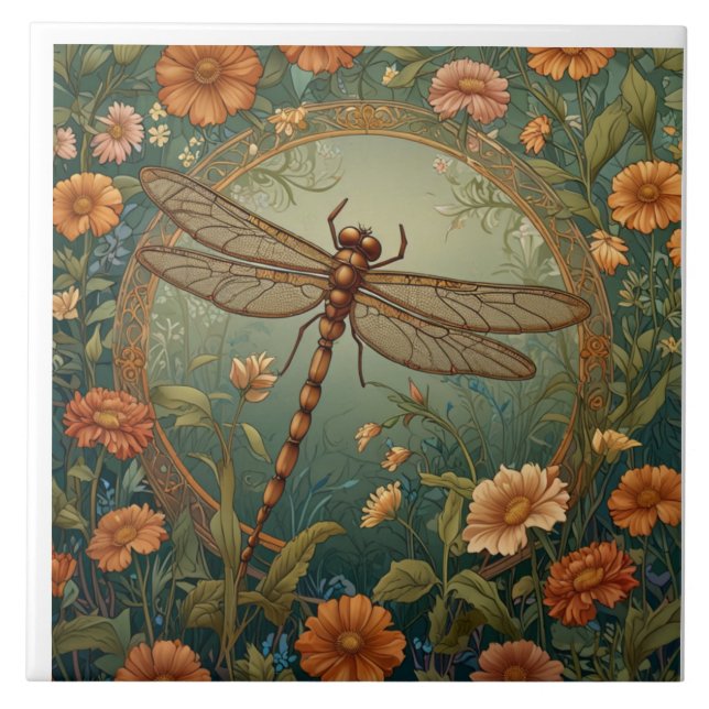 Elegant Art Nouveau Spring green Dragonfly Fliese (Vorderseite)