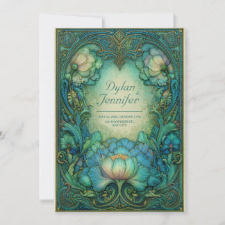 Elegant Art Nouveau Türkis Blumen Antike Hochzeit Einladung
