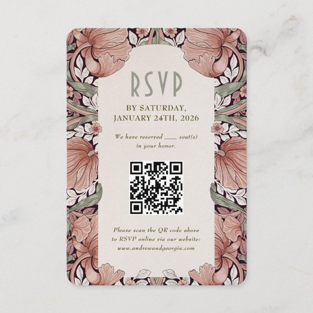 Elegant Art Nouveau Wedding RSVP Card with QR Code Einladung (Vorderseite)