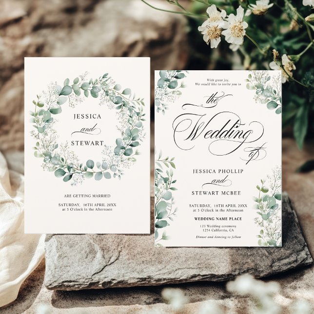Elegant Atem Eukalyptus Greenerity Script Wedding Einladung (Elegant Breath Eucalyptus Greenery Script Wedding Invitation)