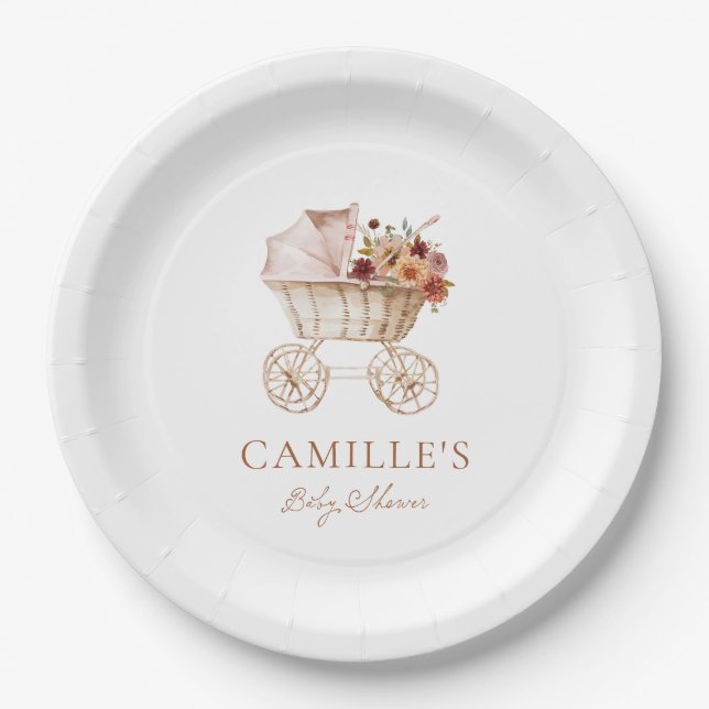 Elegant Autumn Burgundy Floral Baby Shower Pappteller (Vorderseite)