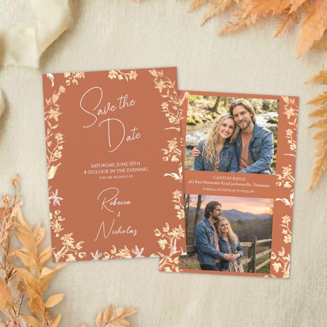 Elegant Autumn Burnt Orange Wildflowers 2 Photo Save The Date (Von Creator hochgeladen)