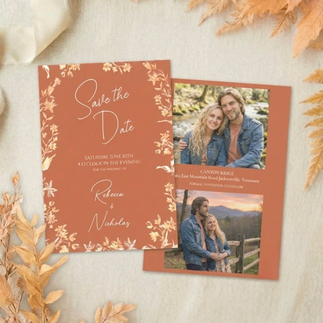 Elegant Autumn Burnt Orange Wildflowers 2 Photo Save The Date (Von Creator hochgeladen)
