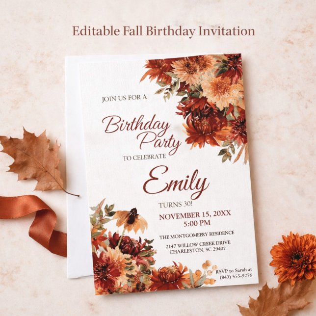 Elegant Autumn Floral Birthday Party Invitation Einladung (Von Creator hochgeladen)