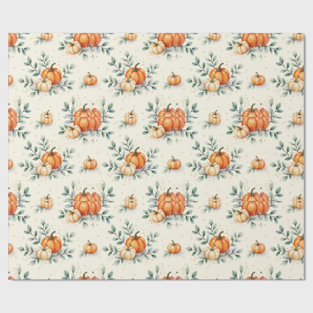  Elegant Autumn Pumpkin and Eucalyptus Watercolor Geschenkpapier (Flach)
