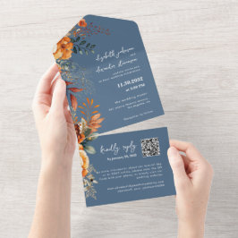 Elegant Autumnal Blumenblauer QR Code Hochzeit All In One Einladung