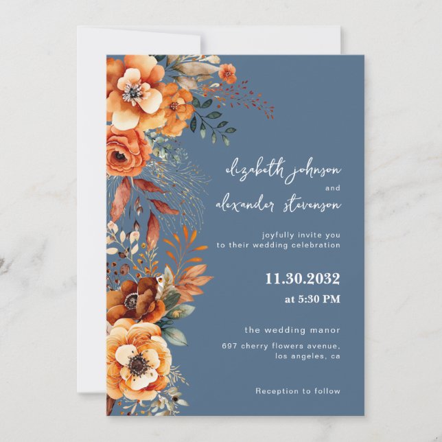 Elegant Autumnal Floral Hochzeit 1 Foto blau Einladung (Vorderseite)