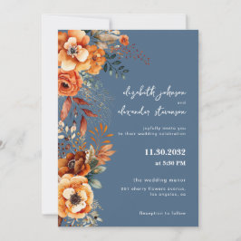 Elegant Autumnal Floral Hochzeit 1 Foto blau Einladung