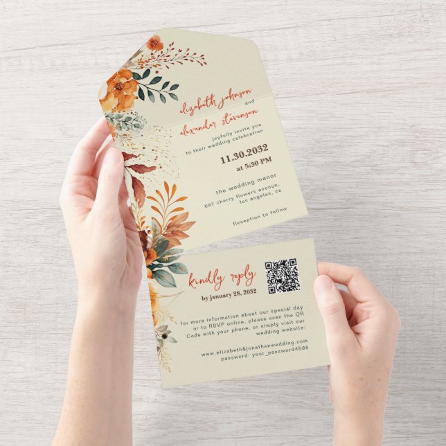 Elegant Autumnal Floral Hochzeit QR Code All In One Einladung (Abreißen)