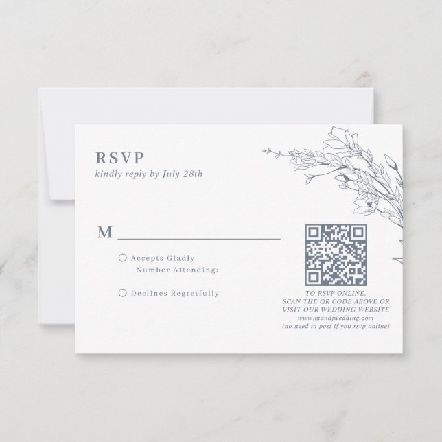 Elegant Azure Ivory Floral Wreath QR Code Wedding RSVP Karte (Vorderseite)
