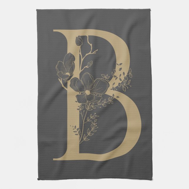 Elegant B Boho Floral Monogram Initial Gray Gold Geschirrtuch (Vertikal)
