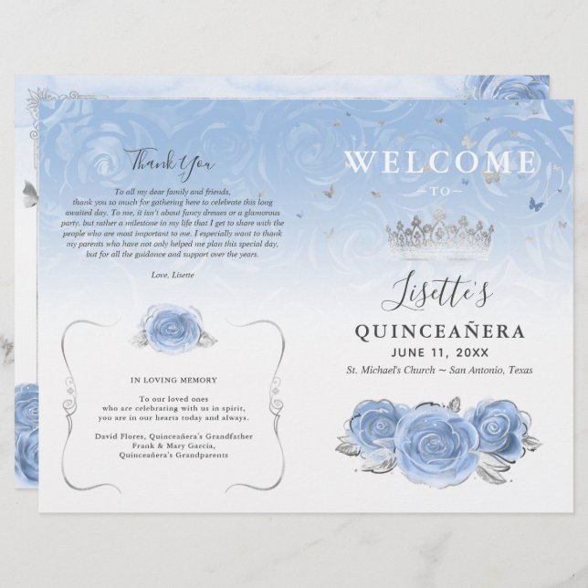 Elegant Baby Blue and Silver Quinceanera Programm (Vorne/Hinten)