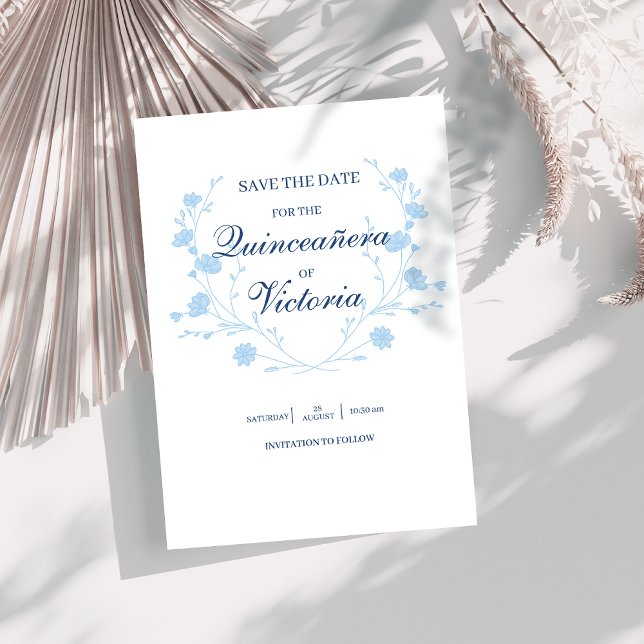 Elegant Baby Blue Blumenstrauß Quinceanera Save The Date (Von Creator hochgeladen)